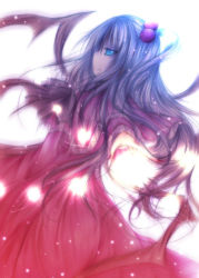 Rule 34 | 1girl, aqua hair, backlighting, blue eyes, bow, capelet, danmaku, dress, energy ball, female focus, fingernails, from side, hair bobbles, hair ornament, kasuga sunao, light, light particles, long hair, mystic square, nail polish, open hand, outstretched arm, perspective, red dress, red nails, shinki (touhou), side ponytail, simple background, smile, solo, touhou, touhou (pc-98), very long hair, white background, wings