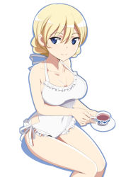 Rule 34 | 10s, 1girl, bare arms, bare shoulders, blonde hair, blue eyes, blush, braid, breasts, casual one-piece swimsuit, cleavage, collarbone, covered navel, cup, darjeeling (girls und panzer), drink, frilled swimsuit, frills, girls und panzer, halterneck, holding, invisible chair, large breasts, looking at viewer, nanashino, one-piece swimsuit, ribbon, saucer, short hair, sitting, solo, swimsuit, tea, teacup, thighs, white background, white one-piece swimsuit, white ribbon