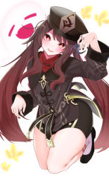 1girl, :d, arm up, black dress, black footwear, black headwear, black nails, black skirt, brown hair, commentary request, dress, genshin impact, ghost, hat, head tilt, hu tao, jewelry, long hair, long sleeves, looking at viewer, nail polish, open mouth, ratsuku kinoko, red eyes, ring, shoes, simple background, skirt, sleeves past wrists, smile, socks, solo, twintails, very long hair, white background, white legwear