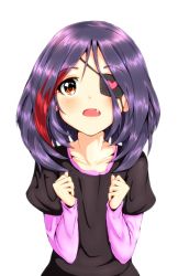 Rule 34 | 10s, 1girl, absurdres, blush, brown eyes, clenched hands, collarbone, eyepatch, fang, hayasaka mirei, heart, highres, idolmaster, idolmaster cinderella girls, layered sleeves, long sleeves, looking at viewer, multicolored hair, namagawaki, open mouth, purple hair, shirt, short over long sleeves, short sleeves, simple background, solo, t-shirt, two-tone hair, white background