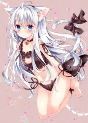 Rule 34 | 10s, 1girl, ahoge, animal ears, animal hands, anklet, beige background, bell, black bow, black bra, black panties, black ribbon, blue eyes, blush, bow, bra, cat ear panties, cat ears, cat lingerie, cat tail, choker, collarbone, eyelashes, flat chest, frilled bra, frills, full body, hammer and sickle, hibiki (kancolle), jewelry, jingle bell, kantai collection, kemonomimi mode, long hair, looking at viewer, meme attire, navel, nogi takayoshi, panties, ribbon, side-tie panties, silhouette, simple background, solo, star (symbol), stomach, tail, tail bow, tail ornament, tareme, toes, underwear, underwear only, very long hair, white hair
