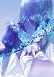 Rule 34 | 2girls, apron, arched back, arm support, back, back bow, blue background, blue butterfly, blue dress, blue hair, blue theme, bow, bug, butterfly, butterfly wings, commentary, covered face, dress, english commentary, facing away, filha, gradient background, highres, implied kiss, implied yuri, insect, insect wings, juliet sleeves, leaning forward, leaning on person, leaning to the side, long hair, long sleeves, maid, maid apron, maid headdress, multiple girls, original, partially submerged, partially underwater shot, ponytail, puffy sleeves, signature, solo focus, straight hair, twitter username, underwater, very long hair, water, water drop, white apron, white background, white bow, wings