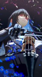 Rule 34 | 1girl, black background, black hair, blue flower, blue hair, bow (music), cello, colored inner hair, earrings, facing away, flower, forget-me-not (flower), gloves, highres, holding, holding bow (music), instrument, jewelry, long hair, long sleeves, multicolored hair, music, pinlin, playing instrument, pov, punishing: gray raven, purple eyes, selena: tempest (punishing: gray raven), selena (punishing: gray raven), solo