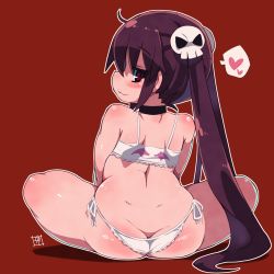 Rule 34 | 1girl, :3, absurdres, ass, black neckwear, blush, bra, closed mouth, curvy, from behind, full body, hair ornament, heart, henrietta (zankuro), highres, indian style, long hair, looking at viewer, looking back, original, outline, panties, photoshop (medium), plump, profile, red background, red eyes, side-tie panties, sitting, skull hair ornament, smile, solo, spaghetti strap, spoken heart, twintails, underwear, underwear only, white bra, white outline, white panties, wing print, zankuro