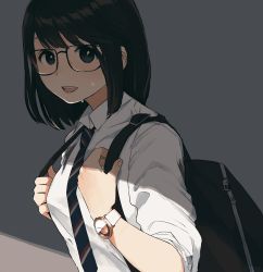 Rule 34 | 1girl, :d, backpack, bag, black-framed eyewear, black eyes, blue necktie, blush, brown hair, collared shirt, glasses, grey background, hands up, highres, looking at viewer, morifumi, necktie, open mouth, original, shirt, short hair, smile, solo, sweat, upper body, watch, white shirt, wing collar, wristwatch