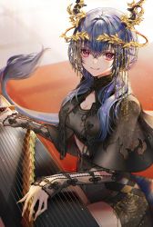 Rule 34 | 1girl, absurdres, ambience synesthesia, arknights, black capelet, black shirt, black shorts, blue hair, capelet, ch&#039;en (arknights), commentary, crop top, dragon girl, dragon horns, dragon tail, guqin, highres, horns, instrument, laurel crown, long hair, looking at viewer, music, pink eyes, playing instrument, shirt, shorts, smile, solo, tail, tarutaru yamaoka