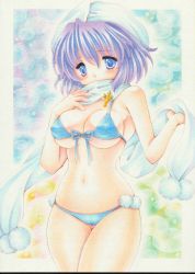 Rule 34 | 1girl, absurdres, bikini, blue bikini, blue eyes, blush, breasts, covered mouth, cowboy shot, front-tie bikini top, front-tie top, hat, highres, large breasts, letty whiterock, looking at viewer, marker (medium), pom pom (clothes), purple hair, satsuki (gogotaru), scarf, short hair, solo, swimsuit, touhou, traditional media, white scarf