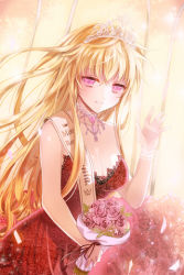 Rule 34 | 1girl, arm up, blonde hair, bouquet, cinia pacifica, dress, flower, holding, jewelry, long hair, lowres, necklace, open mouth, petals, pink eyes, red eyes, reum, rose, smile, solo, sword girls, tiara, waving