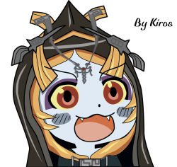 Rule 34 | 1girl, :3, :d, aged up, artist name, blue skin, blush, blush stickers, chibi, colored skin, commentary, dot nose, english text, eyebrows, eyelashes, fang, fang out, fangs, flat color, gyate gyate, hair ornament, head chain, highres, jewelry, kiros, meme, midna, midna (true), necklace on head, nintendo, open mouth, orange hair, pale skin, pendant, pendant on head, red eyes, red hair, signature, smile, solo, teeth, the legend of zelda, the legend of zelda: twilight princess, white background