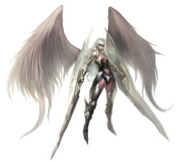 Rule 34 | 1girl, armor, breasts, center opening, corset, delight khw, dual wielding, greaves, highres, holding, huge weapon, laces, large wings, lips, long hair, midriff, solo, thighhighs, vambraces, very long hair, weapon, white hair, wings