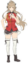 Rule 34 | 1girl, ahoge, amagi brilliant park, ankle boots, black ribbon, black skirt, blush, boots, brown eyes, brown footwear, clothes lift, cross-laced footwear, frilled skirt, frills, full body, gluteal fold, hair ribbon, hand on own hip, hand on own chest, iwauchi tomoki, jacket, lace-up boots, light blush, light brown hair, long hair, looking at viewer, panties, pantyshot, parted lips, pink panties, pleated skirt, red jacket, ribbon, sento isuzu, skirt, skirt lift, sleeveless, solo, standing, thighhighs, underwear, white thighhighs, wind, wind lift