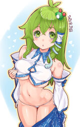 Rule 34 | 1girl, antenna hair, blue bow, blue skirt, blush, body blush, bow, breasts, collared shirt, commentary request, covered erect nipples, cowboy shot, crop top, crossed bangs, dated, detached sleeves, frilled skirt, frills, frog hair ornament, green eyes, green hair, hair between eyes, hair ornament, kei jiei, kochiya sanae, large breasts, long hair, looking at viewer, navel, open mouth, outline, panties, shiny skin, shirt, sidelocks, single hair tube, skirt, sleeve bow, sleeveless, sleeveless shirt, snake hair ornament, solo, touhou, underwear, white panties, white shirt, white sleeves, yellow outline