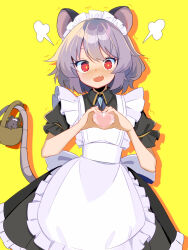 Rule 34 | 1girl, animal ears, apron, black dress, dress, embarrassed, grey hair, harakune (mugennero), heart, heart hands, highres, looking at viewer, maid, maid apron, maid headdress, mouse (animal), mouse ears, mouse girl, mouse tail, nazrin, red eyes, solo, tail, touhou, white apron, yellow background