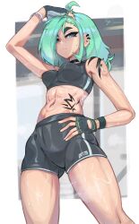 Rule 34 | 1girl, abs, absurdres, ahoge, arm tattoo, blue eyes, breasts, cameltoe, ear piercing, fingerless gloves, geistbox, gloves, green hair, hand on own head, hand on own hip, highres, looking down, medium breasts, muscular, muscular female, navel, navel piercing, one eye obstructed, original, piercing, serious, shorts, sportswear, sweat, tattoo, tattoo on belly, vio (geistbox)