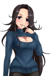 Rule 34 | 10s, 1girl, black hair, breasts, cleavage, cleavage cutout, clothing cutout, haiji (sugakunigate), highres, idolmaster, idolmaster cinderella girls, long hair, md5 mismatch, meme attire, open-chest sweater, purple eyes, resolution mismatch, ribbed sweater, simple background, solo, source smaller, sweater, takahashi reiko, turtleneck