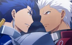 Rule 34 | 2boys, akujiki59, archer (fate), artist name, blue hair, cloak, collared shirt, cu chulainn (fate), cu chulainn (fate/stay night), dark-skinned male, dark skin, ear piercing, earrings, fate/stay night, fate (series), grey eyes, jewelry, long hair, looking at another, male focus, manly, multiple boys, piercing, ponytail, red cloak, red eyes, serious, shirt, shoulder pads, spiked hair, twitter username, white hair