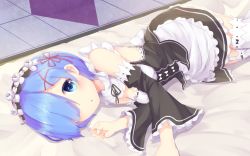 Rule 34 | 10s, 1girl, :o, apron, bed sheet, blue eyes, blue hair, breasts, cleavage, detached collar, detached sleeves, dress, frilled dress, frills, hair ornament, hair over one eye, highres, indoors, lying, maid, maid apron, maid headdress, matching hair/eyes, md5 mismatch, medium breasts, nenosame (nenosame5 ), on side, open mouth, re:zero kara hajimeru isekai seikatsu, rem (re:zero), ribbon-trimmed clothes, ribbon-trimmed legwear, ribbon-trimmed sleeves, ribbon trim, short hair, solo, thighhighs, underbust, white thighhighs, x hair ornament