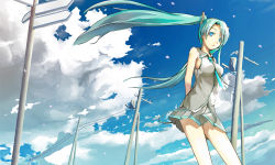 Rule 34 | 1girl, aqua eyes, aqua hair, arms behind back, cloud, day, female focus, hatsune miku, highres, long hair, ooshima (masa612), open mouth, outdoors, panties, petals, power lines, road sign, sign, sky, solo, standing, striped clothes, striped panties, twintails, underwear, vocaloid, wind
