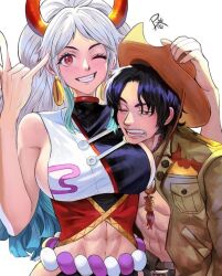 Rule 34 | 1boy, 1girl, abs, black hair, breasts, earrings, green eyes, hat, highres, horns, jewelry, long hair, one-piece swimsuit, one piece, orange eyes, portgas d. ace, small breasts, swimsuit, vanilla, white hair, yamato (one piece)