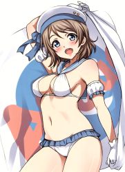 Rule 34 | 1girl, absurdres, bikini, blue eyes, blush, breasts, cleavage, cowboy shot, flag, frilled bikini, frills, gloves, hat, highres, holding, light brown hair, looking at viewer, love live!, love live! sunshine!!, medium breasts, navel, open mouth, sailor bikini, sailor collar, sailor hat, sankuro (agoitei), scan, short hair, simple background, smile, solo, standing, stomach, swimsuit, teeth, thighs, watanabe you, white background, white gloves