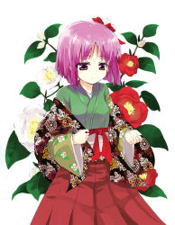 Rule 34 | 1girl, blunt bangs, bob cut, female focus, floral background, floral print, flower, gotyou, hieda no akyuu, highres, japanese clothes, looking down, plant, purple eyes, purple hair, short hair, smile, solo, standing, touhou, white background