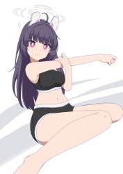 Rule 34 | 1girl, absurdres, ahoge, animal ears, barefoot, black shorts, black sports bra, blue archive, breasts, commentary, fake animal ears, halo, highres, large breasts, long hair, looking at viewer, miyu (blue archive), navel, shorts, sitting, smillerbee, solo, sports bra, stretching, wariza