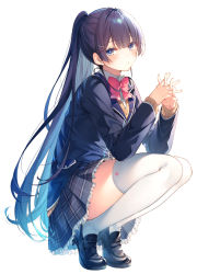Rule 34 | 1girl, alternate hairstyle, black footwear, black hair, black jacket, black skirt, blazer, blue eyes, bow, bowtie, brown sweater, collared shirt, frilled skirt, frills, hair ornament, hairclip, interlocked fingers, jacket, loafers, long hair, long sleeves, looking at viewer, miniskirt, nijisanji, own hands together, pink bow, pink bowtie, plaid, plaid skirt, pleated skirt, ponytail, revision, school uniform, shirt, shoes, skirt, solo, squatting, sweater, thighhighs, toosaka asagi, tsukino mito, tsukino mito (1st costume), undershirt, uniform, very long hair, virtual youtuber, white background, white thighhighs, zettai ryouiki