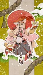 Rule 34 | 1girl, animal ears, apron, arknights, black hakama, blonde hair, closed mouth, fox, fox ears, fox tail, full body, hairband, hakama, highres, holding, holding umbrella, japanese clothes, jicheng731, kimono, long hair, long sleeves, looking at viewer, multiple tails, official alternate costume, okobo, pink kimono, pinwheel, red hairband, ribbon-trimmed sleeves, ribbon trim, rope, sandals, shimenawa, smile, socks, solo, suzuran (arknights), suzuran (yukibare) (arknights), tail, umbrella, waist apron, white apron, white socks, wide sleeves, yellow eyes