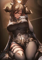 Rule 34 | 1girl, animal ears, black dress, black thighhighs, breasts, brown hair, closed eyes, detached sleeves, dress, extra ears, galleon (granblue fantasy), genyaky, gloves, granblue fantasy, highres, horns, large breasts, long hair, multicolored hair, open mouth, pelvic curtain, pointy ears, sitting, solo, streaked hair, swept bangs, thigh strap, thighhighs, thighs, two-tone dress, wariza, white dress, white gloves, wide sleeves