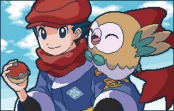 Rule 34 | 1boy, aoshima (pidove810), black hair, closed mouth, cloud, creatures (company), floating scarf, from below, game freak, gen 7 pokemon, hand up, hat, holding, holding poke ball, lowres, male focus, nintendo, pixel art, poke ball, poke ball (legends), pokemon, pokemon (creature), pokemon legends: arceus, pokemon on arm, red headwear, red scarf, rei (pokemon), rowlet, scarf, short hair, sky, smile, undershirt