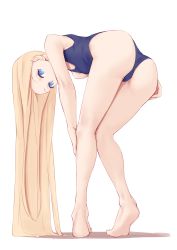 Rule 34 | 1girl, abigail williams (fate), ass, bare shoulders, bent over, blonde hair, blue eyes, blue one-piece swimsuit, breasts, fate/grand order, fate (series), highres, jilu, legs, long hair, looking at viewer, one-piece swimsuit, parted bangs, pointy ears, school swimsuit, simple background, small breasts, solo, swimsuit, very long hair, white background