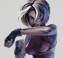 Rule 34 | 1girl, battle, blonde hair, blood, blood on face, blue eyes, blue mary, fatal fury, gloves, glowing, glowing eyes, halterneck, iwai ryou, midriff, short hair, simple background, snk, solo, the king of fighters