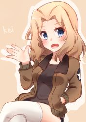 Rule 34 | 10s, 1girl, bad id, bad pixiv id, black shirt, blonde hair, blue eyes, brown jacket, character name, commentary request, emblem, girls und panzer, hair intakes, hand in pocket, highres, jacket, kapatarou, kay (girls und panzer), long hair, long sleeves, looking at viewer, military, military uniform, open clothes, open jacket, open mouth, romaji text, saunders military uniform, shirt, short shorts, shorts, sitting, smile, solo, star (symbol), thighhighs, uniform, waving, white thighhighs