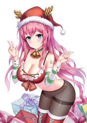 Rule 34 | 1girl, antlers, bare shoulders, bell, black pantyhose, blue eyes, blush, boots, box, breasts, choker, cleavage, closed mouth, collarbone, cowboy shot, crotch seam, detached sleeves, double bun, gift, gift box, hair bun, hat, highres, horns, large breasts, leaning forward, long hair, looking at viewer, mafuyu (867208837), megurine luka, navel, neck bell, number tattoo, panties, panties under pantyhose, pantyhose, pink hair, red footwear, santa hat, sidelocks, smile, solo, stomach, striped clothes, striped panties, tattoo, thigh boots, thighband pantyhose, thighhighs, underwear, vocaloid
