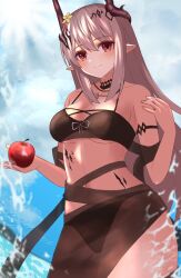 Rule 34 | 1girl, apple, arknights, bikini, black bikini, blue sky, cloud, commentary request, cowboy shot, day, food, fruit, grey hair, highres, holding, holding food, holding fruit, horns, kuwan4971, long hair, looking at viewer, material growth, mudrock (arknights), mudrock (silent night) (arknights), navel, official alternate costume, oripathy lesion (arknights), pointy ears, red eyes, sarong, sidelocks, sky, smile, solo, standing, stomach, swimsuit, thick thighs, thighs, very long hair
