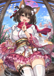 Rule 34 | 1girl, animal ear fluff, animal ears, belt, blue archive, breasts, brown eyes, brown hair, cenangam, day, eyeshadow, fang, fisheye, fox girl, fox hair ornament, fox tail, hair ornament, hand up, izuna (blue archive), japanese clothes, kimono, kimono skirt, kuji-in, kunai, large breasts, looking at viewer, makeup, ninja, obi, open mouth, pink eyeshadow, pink scarf, pom pom (clothes), pom pom hair ornament, red scarf, sash, scarf, shide, short hair, skin fang, solo, tail, thigh belt, thigh strap, thighhighs, water drop, weapon, white thighhighs