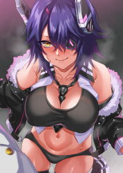 Rule 34 | 1boy, 1girl, admiral (kancolle), between breasts, black bra, black jacket, black necktie, black panties, black thighhighs, bra, breasts, checkered necktie, cleavage, closed mouth, collarbone, collared shirt, covered erect nipples, crop top, eyepatch, fur-trimmed jacket, fur trim, hair between eyes, headgear, highres, hikari (komitiookami), jacket, kantai collection, large breasts, looking at another, military jacket, navel, necktie, necktie between breasts, off shoulder, open clothes, open shirt, panties, purple hair, shirt, short hair, sleeveless, sleeveless shirt, smile, steaming body, sweat, tenryuu (kancolle), tenryuu kai ni (kancolle), thighhighs, underwear, white jacket, white shirt, yellow eyes