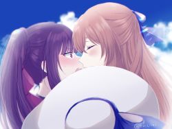 Rule 34 | 2girls, alternate costume, artist name, blue sky, blush, braid, brown hair, close-up, closed eyes, closed mouth, commentary request, day, embarrassed, from side, girls&#039; frontline, hair between eyes, hair ornament, hair ribbon, hat, unworn hat, unworn headwear, highres, imminent kiss, lips, long hair, looking at another, multiple girls, open mouth, ponytail, purple hair, red eyes, ribbon, sidelocks, sky, springfield (girls&#039; frontline), sui (camellia), sweat, wa2000 (girls&#039; frontline), white headwear, yuri