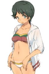 Rule 34 | 1girl, alchera, bikini, black hair, breasts, collarbone, commentary request, cowboy shot, drawstring, green eyes, hood, hooded jacket, hoodie, jacket, kantai collection, mismatched bikini, mogami (kancolle), multicolored bikini, multicolored clothes, short hair, simple background, small breasts, solo, swept bangs, swimsuit, tan, tanline, white background, white jacket