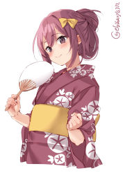 Rule 34 | 1girl, alternate hairstyle, blush, closed mouth, ebifurya, hair between eyes, hand fan, highres, holding, holding fan, japanese clothes, kamikaze (kancolle), kantai collection, kimono, long hair, long sleeves, obi, one-hour drawing challenge, paper fan, purple eyes, purple hair, purple kimono, sash, simple background, smile, solo, twitter username, uchiwa, white background, wide sleeves, yukata