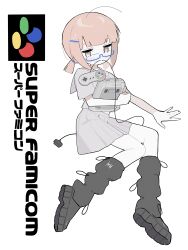 Rule 34 | 1girl, absurdres, ahoge, black footwear, black leg warmers, blue-framed eyewear, blunt bangs, blush, cable, cable in mouth, controller, full body, game console, game controller, glasses, grey sailor collar, grey serafuku, grey shirt, grey skirt, hair ornament, hairclip, highres, holding, leg warmers, looking at viewer, looking over eyewear, low twintails, mouth hold, myomuron, no shoes, orange hair, original, pleated skirt, sailor collar, sailor shirt, school uniform, semi-rimless eyewear, serafuku, shirt, short sleeves, short twintails, simple background, skirt, solo, super famicom, super famicom gamepad, twintails, under-rim eyewear, white background
