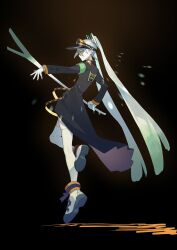 Rule 34 | 1girl, aqua armband, aqua hair, armband, black background, black hat, closed mouth, creatures (company), fighting miku (project voltage), food, frown, full body, game freak, gloves, green eyes, hat, hatsune miku, highres, holding, holding food, holding spring onion, holding vegetable, long hair, long sleeves, multicolored hair, nemuke2828, nintendo, orange hair, orange hat, pokemon, project voltage, shoes, solo, spring onion, streaked hair, thighhighs, twintails, two-tone headwear, vegetable, very long hair, visor cap, vocaloid, white gloves, white hair, white thighhighs
