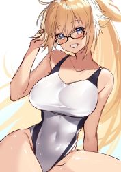 Rule 34 | 1girl, arrow (tamawo222), bare shoulders, blonde hair, blue eyes, blush, breasts, collarbone, covered navel, fate/grand order, fate (series), glasses, grin, hair between eyes, highres, jeanne d&#039;arc (fate), jeanne d&#039;arc (ruler) (fate), jeanne d&#039;arc (swimsuit archer) (fate), jeanne d&#039;arc (swimsuit archer) (second ascension) (fate), large breasts, long hair, looking at viewer, ponytail, simple background, smile, solo, swimsuit, thighs, white background