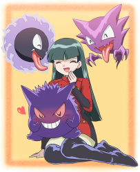 Rule 34 | 1girl, :d, black footwear, blunt bangs, boots, buttons, closed eyes, collared dress, commentary request, creatures (company), dark green hair, dress, evolutionary line, game freak, gastly, gen 1 pokemon, gengar, gym leader, hand up, happy, haunter, heart, highres, nintendo, open mouth, pokemon, pokemon (anime), pokemon (classic anime), pokemon (creature), rakkokun tondoru, red dress, sabrina (pokemon), short dress, sitting, smile, thigh boots, thighhighs, tongue, yokozuwari