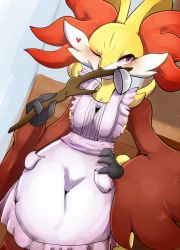 Rule 34 | 1girl, animal ear fluff, animal hands, animal nose, apron, bad id, bad pixiv id, blush, breasts, bright pupils, cowboy shot, creatures (company), delphox, female focus, frilled apron, frills, furry, furry female, game freak, gen 6 pokemon, hand on own hip, hand up, heart, highres, holding, holding ladle, holding stick, indoors, ladle, looking to the side, multicolored fur, nintendo, one eye closed, pocket, pokemon, pokemon (creature), ragujuka, red eyes, red fur, small breasts, snout, solo, standing, stick, white apron, white fur, white pupils, wink, yellow fur