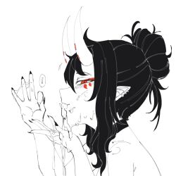 Rule 34 | !, 1girl, after fellatio, ahoge, ameiarts, black hair, blush, choker, collar, cum, cum in mouth, cum on hands, cum string, earrings, eyeshadow, facial, facial mark, fellatio gesture, fingernails, from side, greyscale, hair between eyes, hair bun, happy facial, high contrast, highres, horns, jewelry, lineart, long fingernails, long hair, looking at viewer, makeup, messy hair, mole, mole on collarbone, monochrome, multiple earrings, nude, oni, oni horns, open mouth, oral invitation, original, pointy ears, red eyes, red eyeshadow, simple background, single hair bun, skull, slit pupils, solo, speech bubble, white background