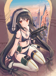 Rule 34 | 1girl, american flag, arm belt, bare shoulders, belt, belt pouch, bikini, black bikini, black choker, black footwear, black gloves, black hair, breasts, choker, closed mouth, collarbone, commentary request, fingerless gloves, front-tie bikini top, front-tie top, full body, gloves, groin, gun, h&amp;k mp5k, halterneck, highres, holding, holding gun, holding weapon, jewelry, long hair, looking at viewer, navel, necklace, original, pouch, red eyes, shoes, side-tie bikini bottom, sitting, small breasts, solo, stomach, string bikini, swimsuit, thighhighs, trigger discipline, veil, very long hair, wariza, weapon, white thighhighs, yuuki rika