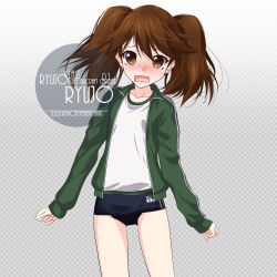 Rule 34 | 1girl, artist name, blue one-piece swimsuit, blue school swimsuit, blush, brown eyes, brown hair, character name, checkered background, collarbone, cowboy shot, flat chest, gradient background, green jacket, grey background, gym shirt, hair between eyes, inaba shiki, jacket, japanese flag, kantai collection, long hair, looking at viewer, nose blush, old school swimsuit, one-piece swimsuit, open mouth, ryuujou (kancolle), school swimsuit, shirt, simple background, solo, standing, striped clothes, striped one-piece swimsuit, swimsuit, swimsuit under clothes, twintails, vertical-striped clothes, vertical-striped one-piece swimsuit, white shirt