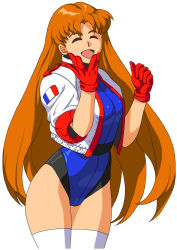 Rule 34 | 1girl, belt, blue leotard, brown hair, closed eyes, commentary request, cropped jacket, french flag, gloves, hand to own mouth, highres, jacket, laughing, leotard, long hair, namco, numan athletics, oggy (oggyoggy), one eye closed, open mouth, red gloves, retro artstyle, sharon les halles, simple background, smile, solo, thighhighs, thighs, very long hair, white background, white jacket, white thighhighs