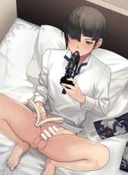 Rule 34 | 1boy, androgynous, bad id, bad pixiv id, bar censor, barefoot, black hair, blue eyes, blush, book, bottomless, censored, dildo, erection, fellatio, half-closed eyes, holding, holding sex toy, jacket, male focus, morimiya (kuroro), on bed, open mouth, oral, penis, protagonist (smtv), reading, reclining, sex toy, shin megami tensei, shin megami tensei v, shirt, simulated fellatio, solo, spread legs, testicles, trap, uneven bangs, unworn jacket, white shirt
